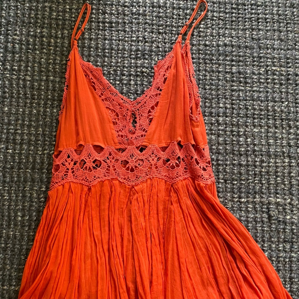 Free People Red Crocheted & Frayed Hem Mini Dress